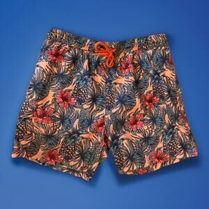 US APPAREL Swim Trunk Large Pink Aqua Peach Hawaiian Pattern Men 5 pkt 32"-38" w
